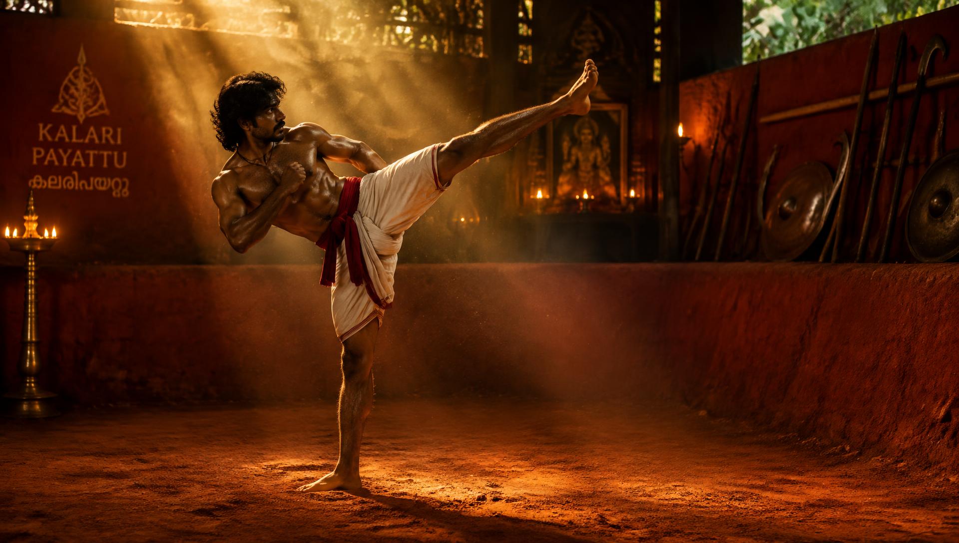 Kalaripayattu practitioner performing a high kick